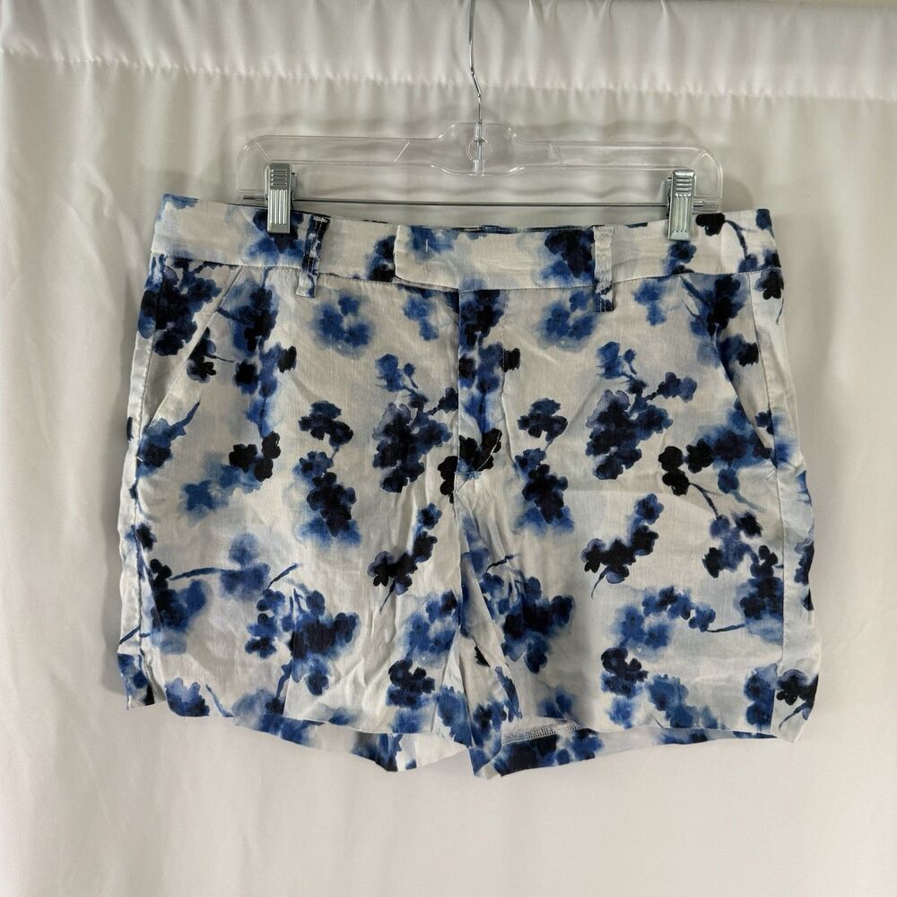 Level 99 Anthropologie Linen Blend Shorts Women's 32 White Blue Burmuda 4.5" In